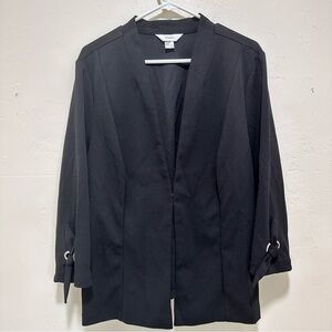 CJ Banks unlined long sleeve single hook closure, black blazer tie cuff, size 2X